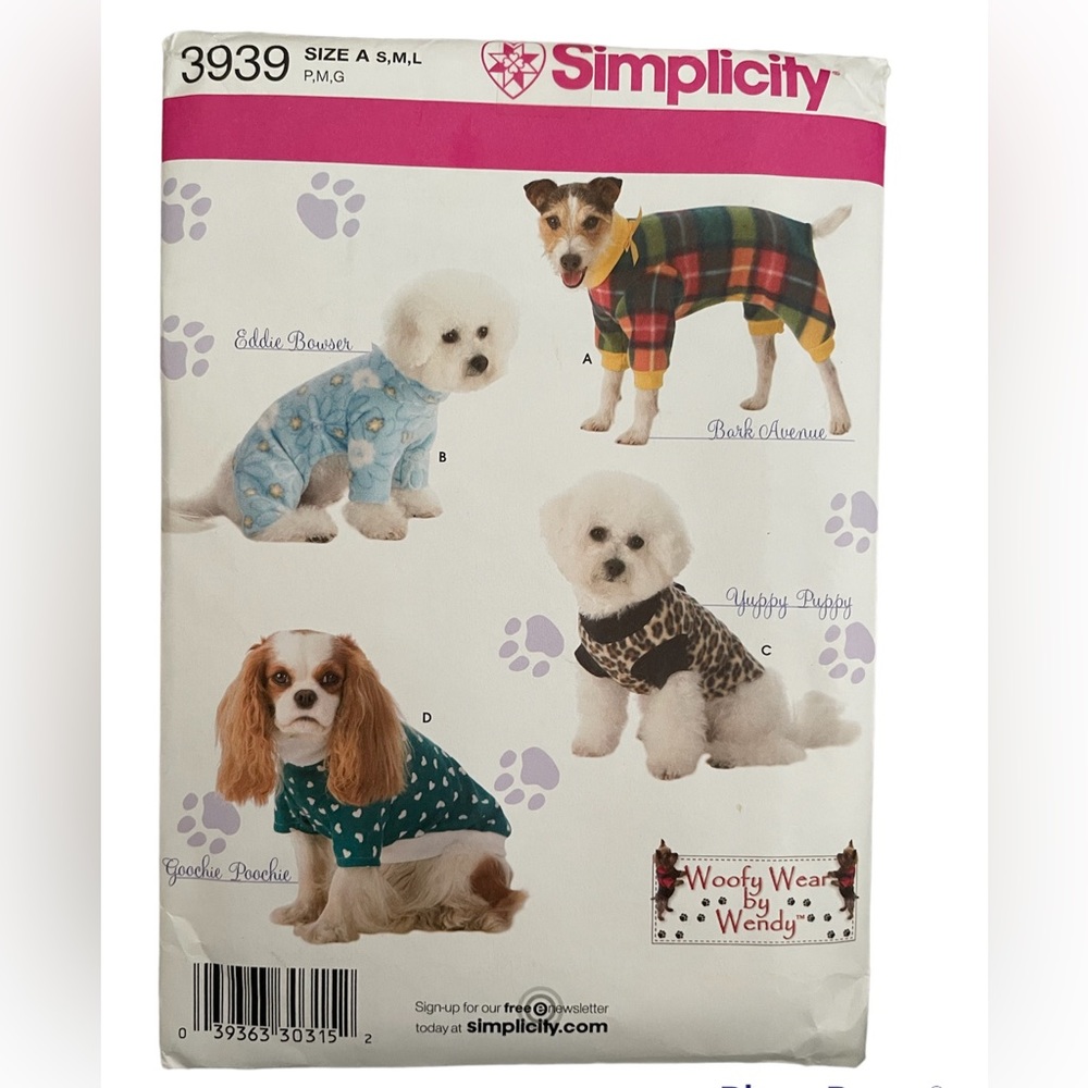 SIMPLICITY Dog Clothes Sewing Pattern #3939 Size A NEW